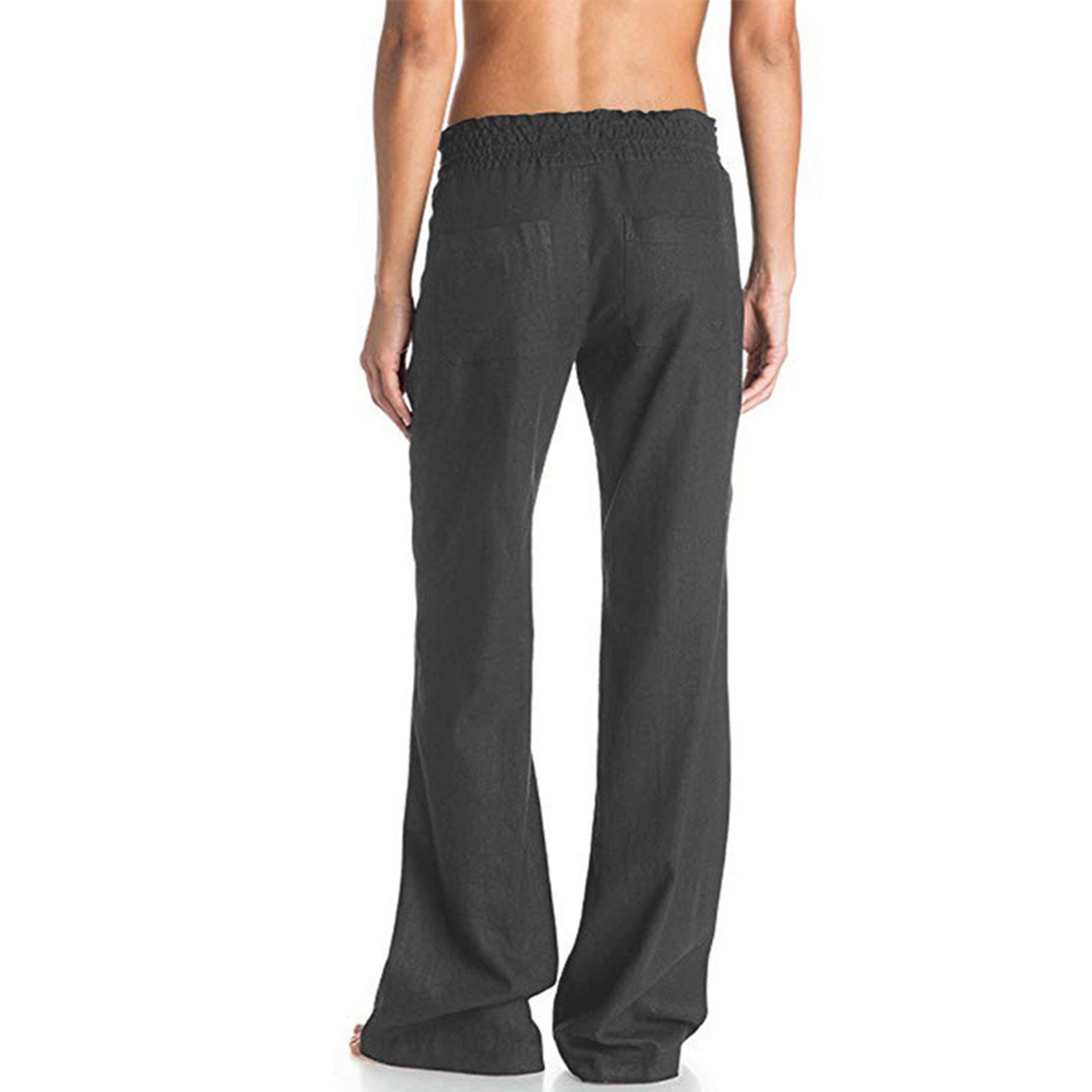 thumbnail image 4 of Pantalones palazzo anchos con cordón de lino suave para mujer: color liso, cintura ajustable, corte fluido para uso informal/viajes, mezcla de lino transpirable, 4 of 8